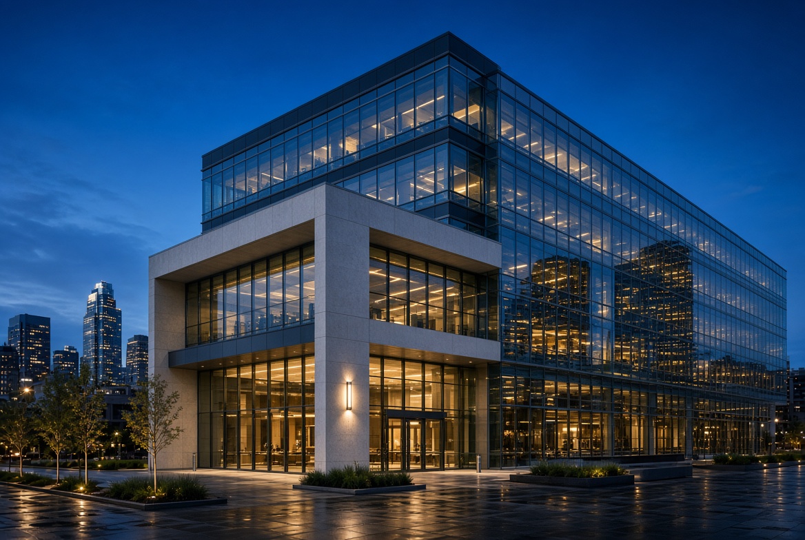 Modern commercial architecture at dusk